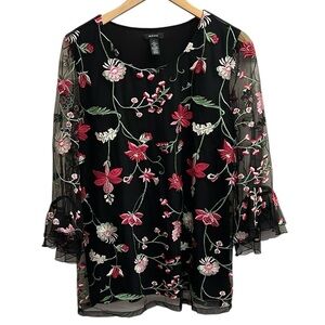 New Alfani Floral Embroidered Tunic Top Sheer Sleeves Black Dressy Event Large